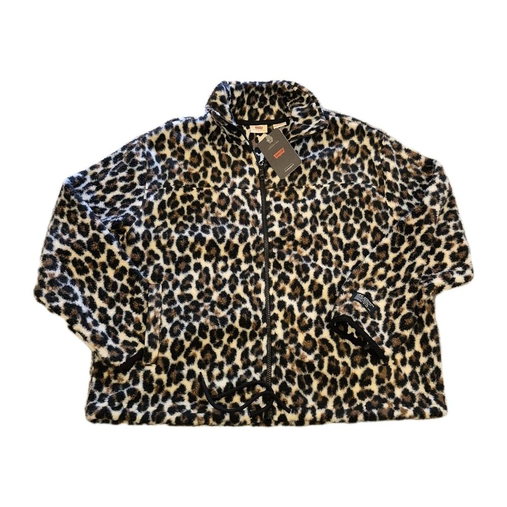 Levi's Leopard Print Fleece Women Full Zip Jacket Small Black Brown Sporty Relax